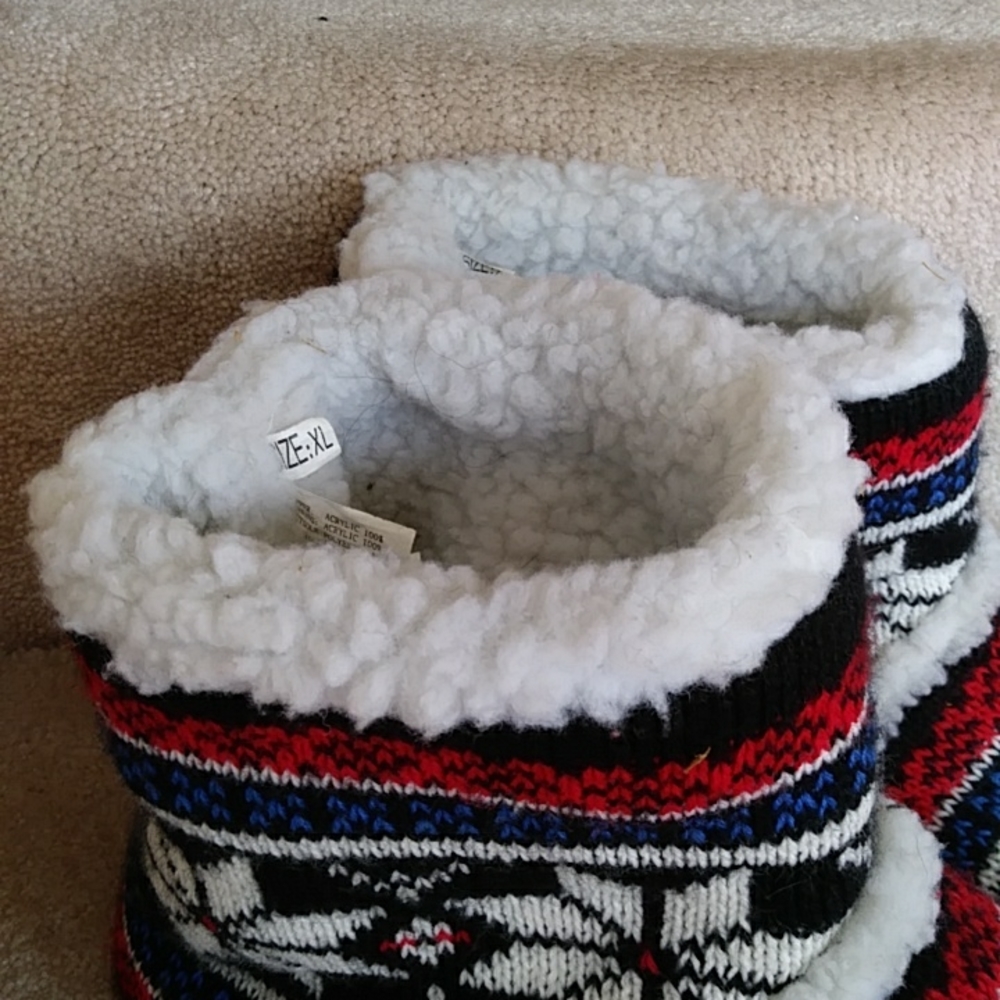 Fair Isle Faux Sherpa Bootie Snowflake Slippers XL Red White Blue Black - Picture 3 of 11